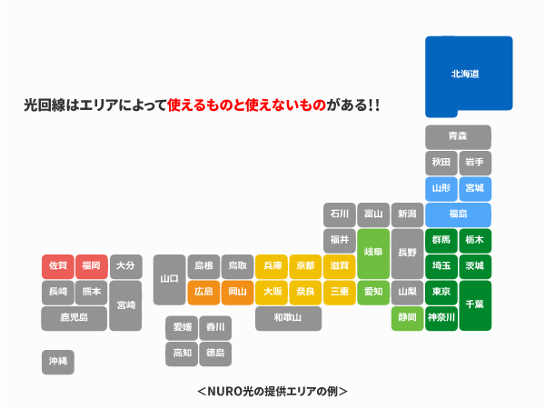 光回線はエリアによって使えるものと使えないものがある(NURO光の例)