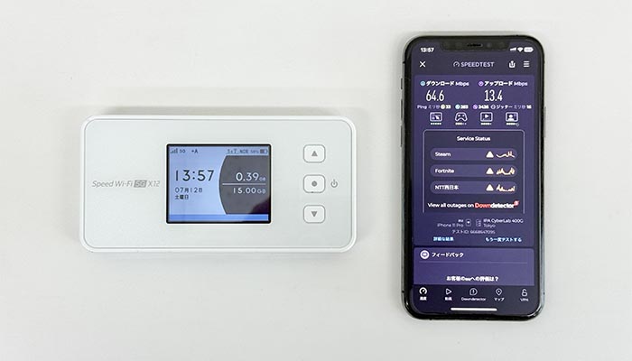 Speed Wi-Fi 5G X12にpovo2.0を入れて速度を検証している写真