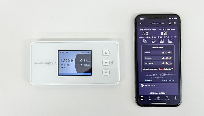 Speed Wi-Fi 5G X12にpovo2.0を入れて速度を検証している写真